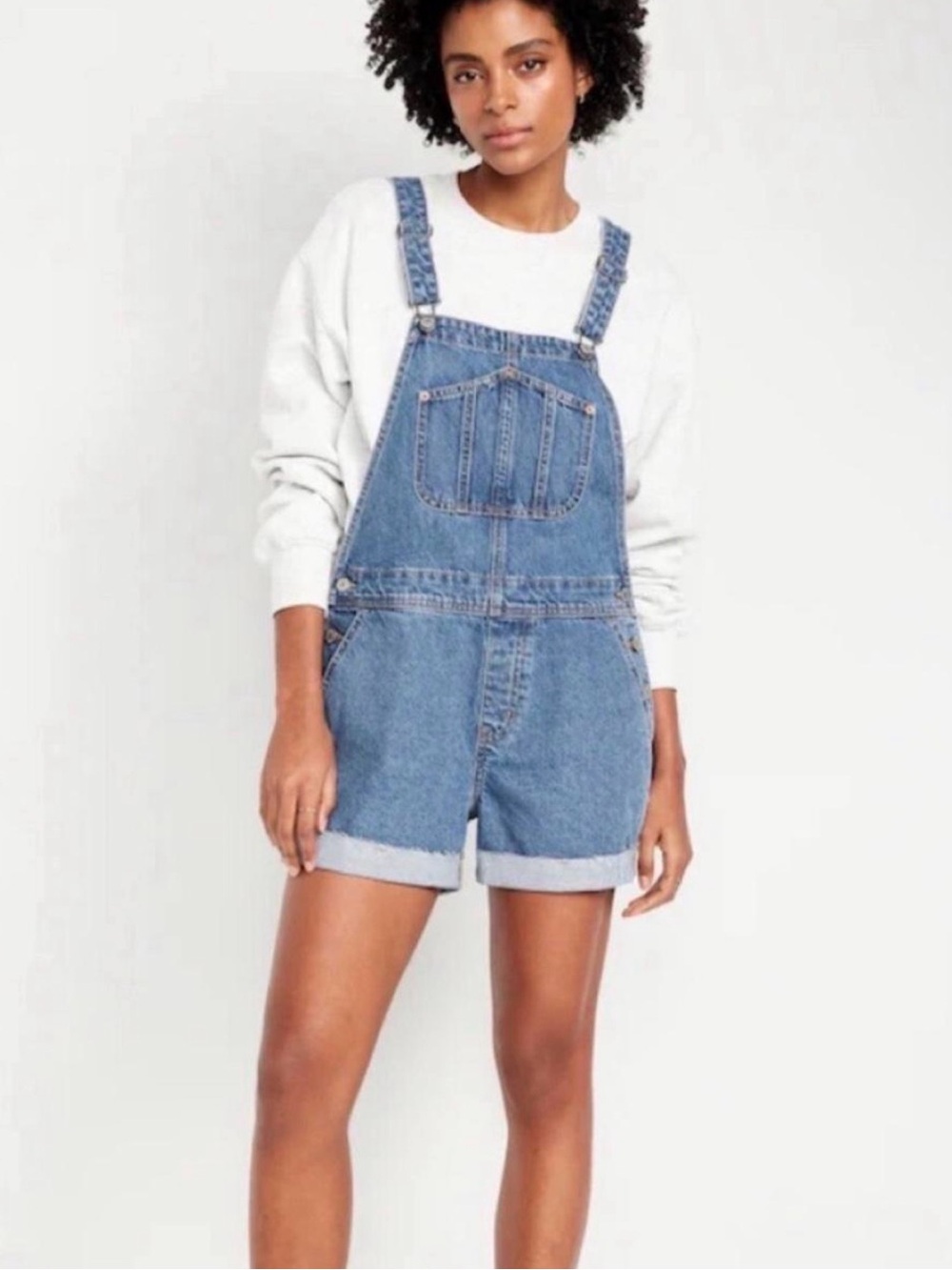 Old Navy Denim Shortalls Medium Overalls Frayed Hem Vintage Style Cuffed Shorts
